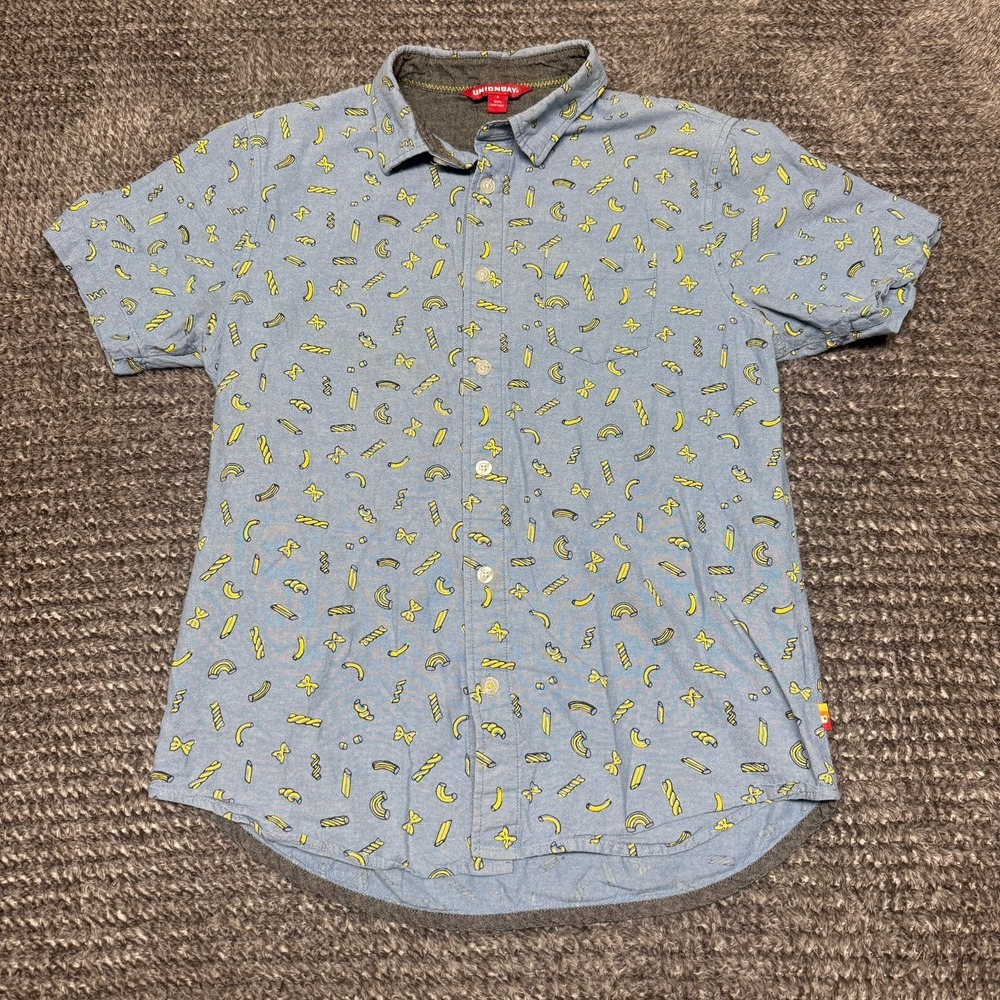 UNIONBAY Mens Short Sleeve Button Up Shirt S Light Blue Pasta Print Cotton